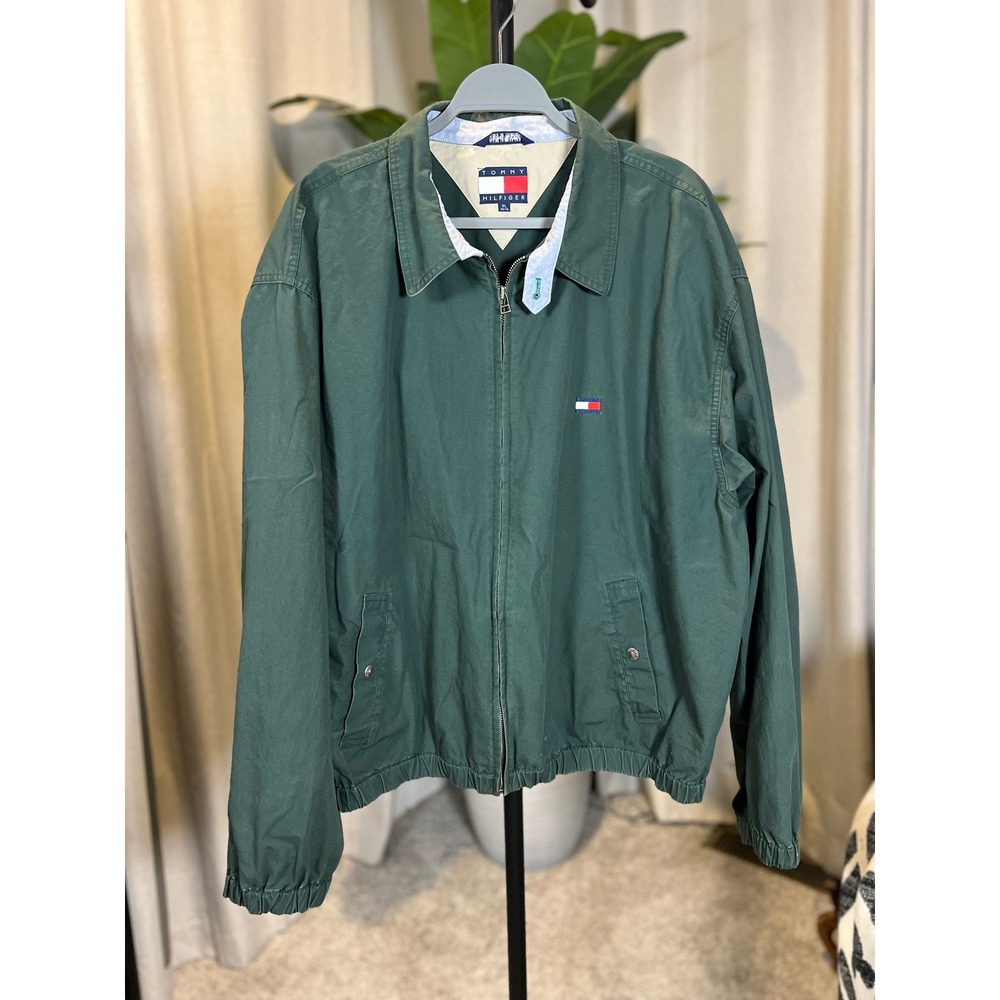 Tommy Hilfiger Mens XL Forest Green Harrington Jacket Full Zip Logo Cotton